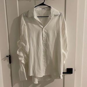 Oversized White Button Up Blouse with Ruched Sleeve